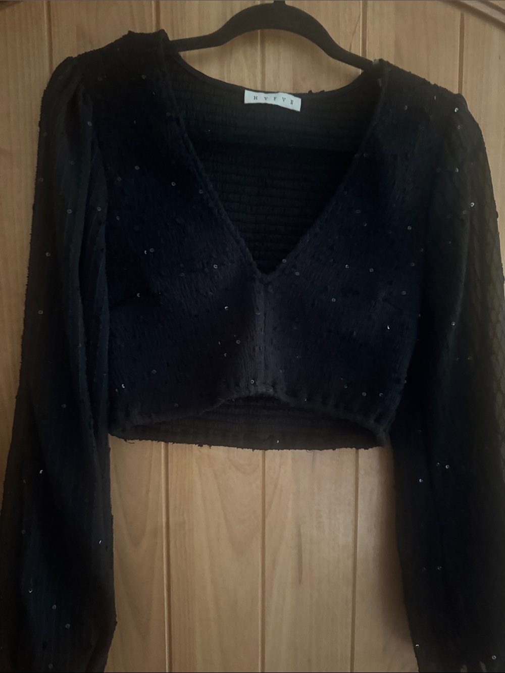 HYFVE Black Sequin Smocked Crop Top with Sheer Long Sleeves
